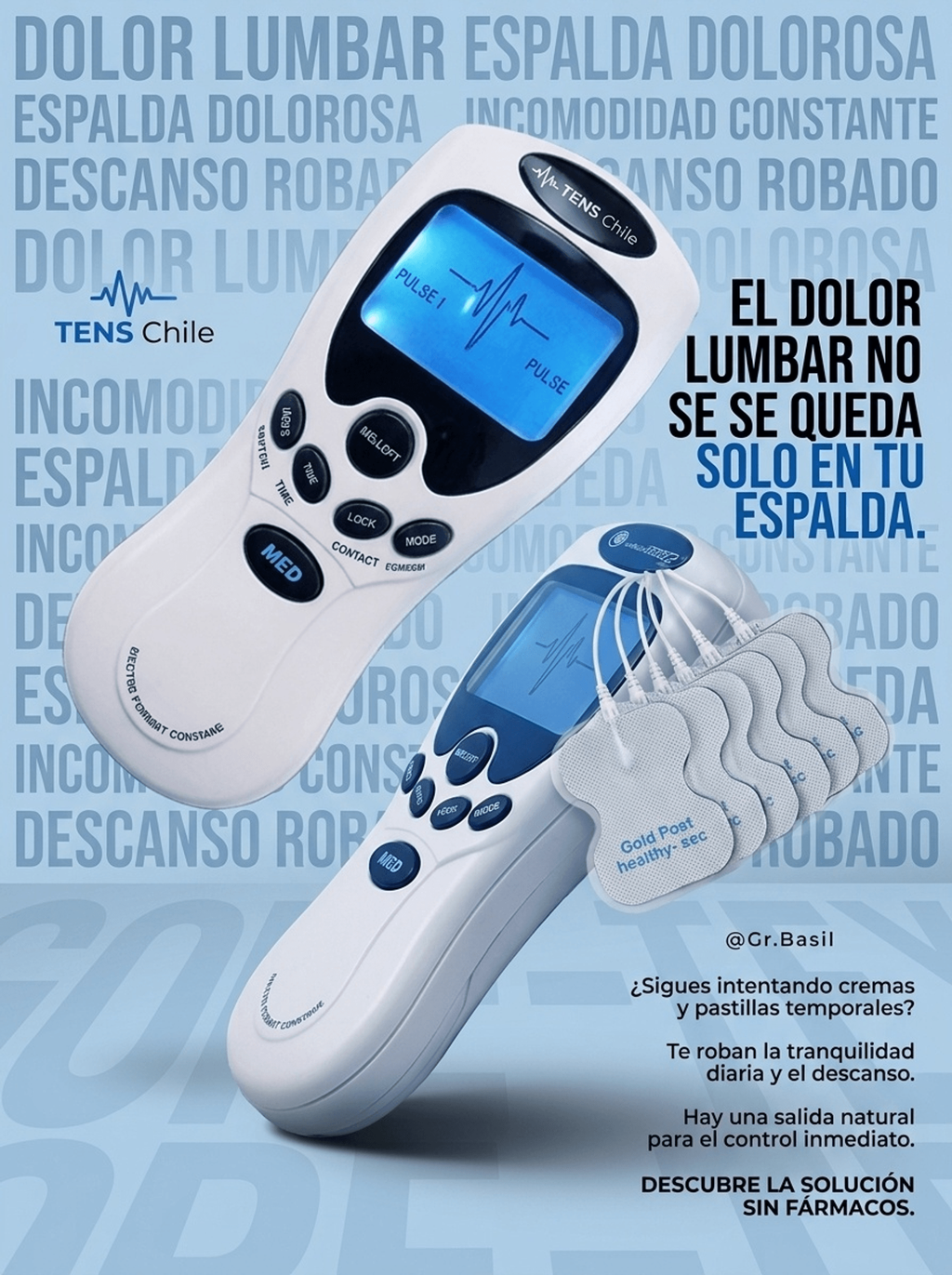 Máquina electroestimulador TENS con 4 electrodos y pantalla digital para alivio del dolor y recuperación muscular