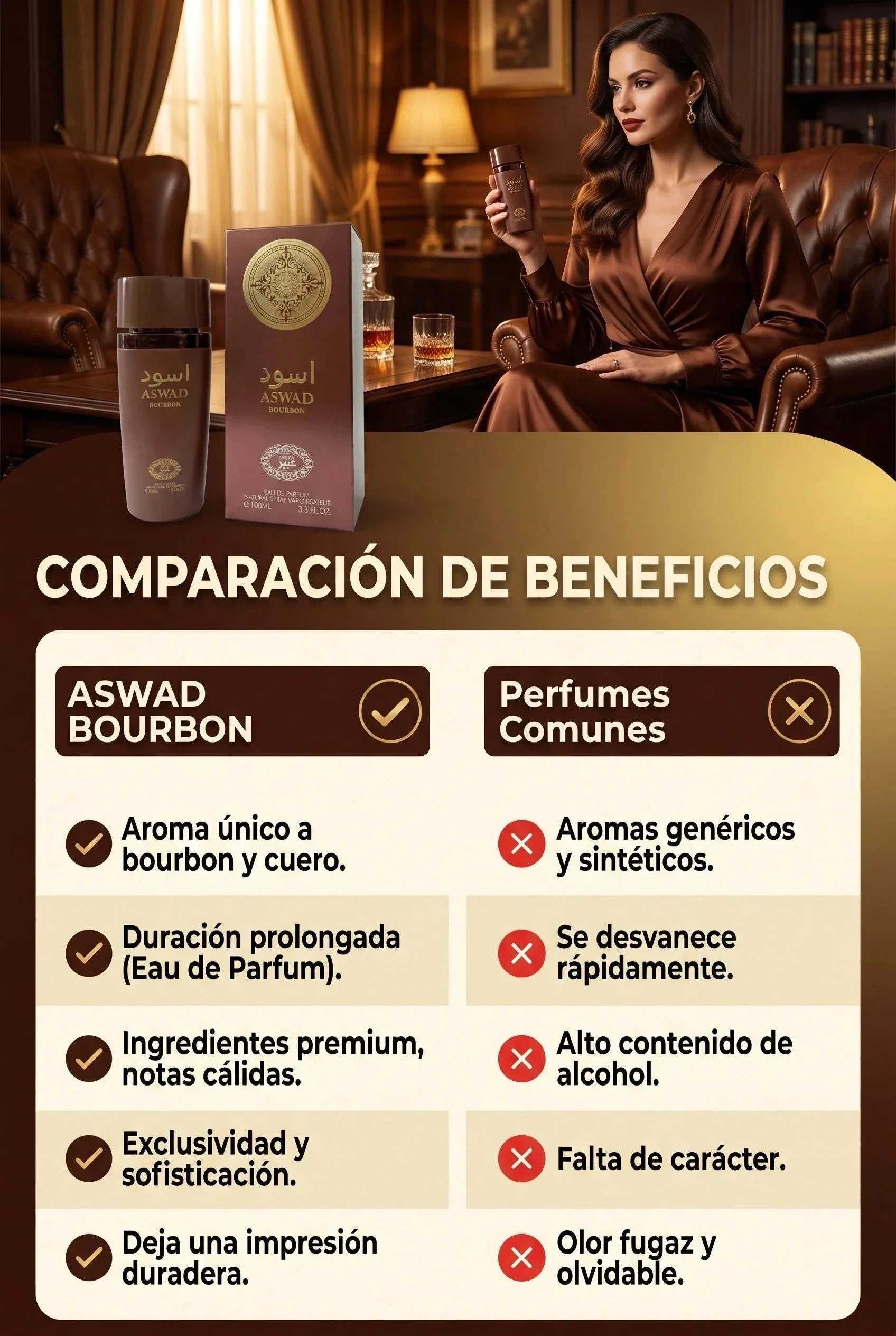Botella elegante de perfume bourbom con fragancia oriental y aromática duradera