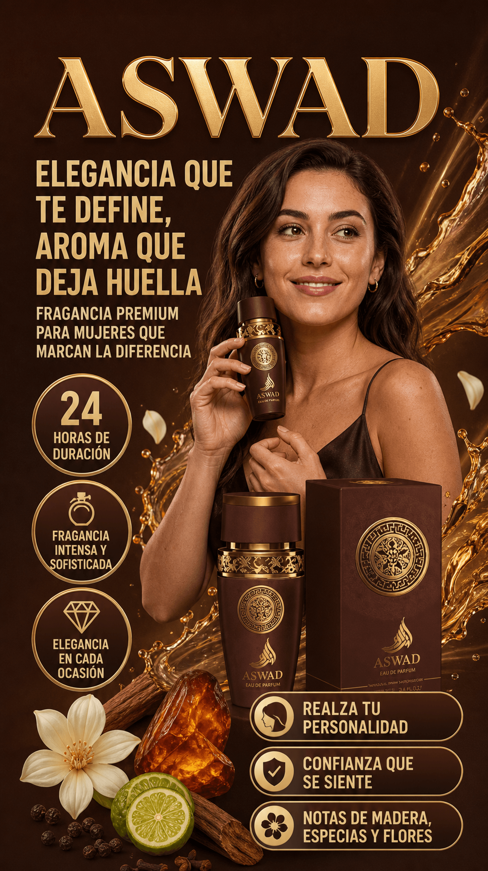 Botella elegante de perfume bourbom con fragancia oriental intensa y duradera