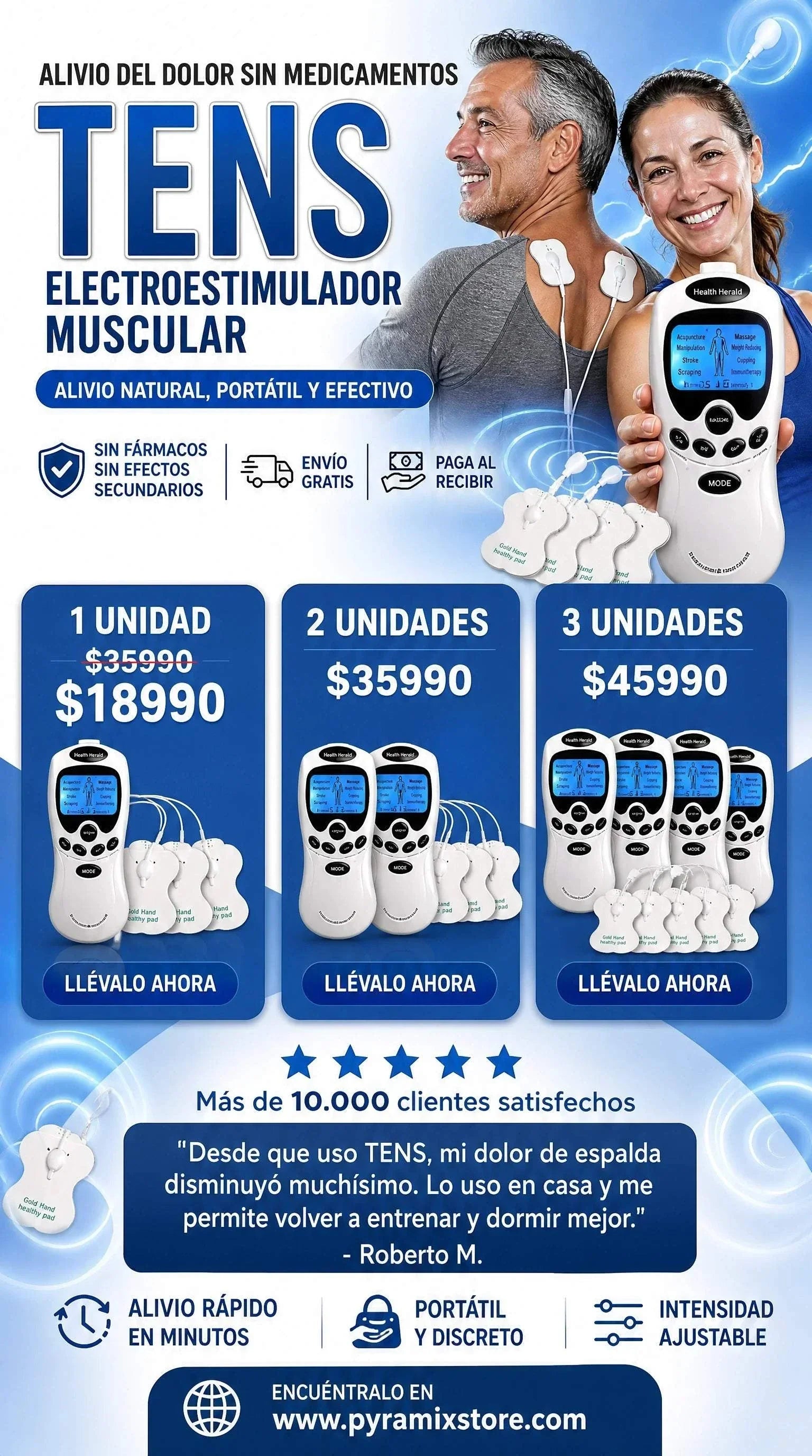 Maquina electroestimulador Tens 4 electrodos con pantalla digital y diseño compacto plateado