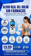 Máquina electroestimulador TENS cuatro electrodos con pantalla digital y diseño compacto plateado
