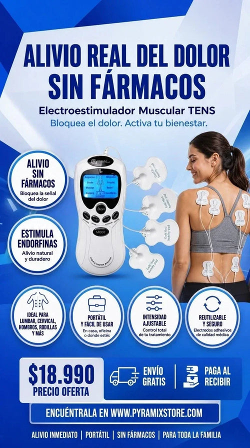Máquina electroestimulador TENS cuatro electrodos con pantalla digital y diseño compacto plateado