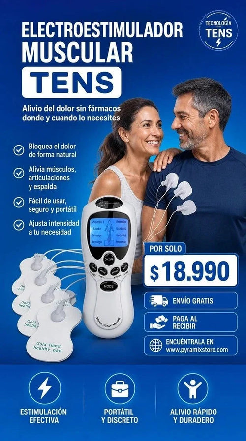 Máquina electroestimulador TENS con 4 electrodos y pantalla digital en color plateado para alivio del dolor y recuperación muscular.