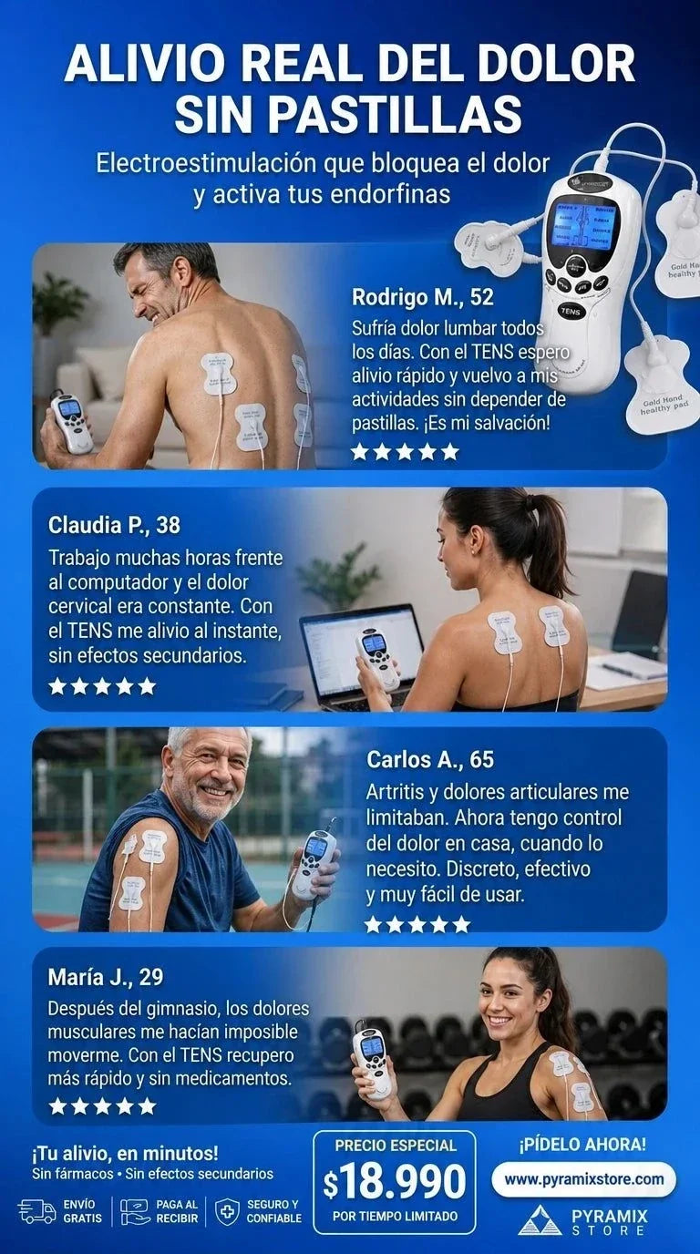 Máquina electroestimulador TENS con 4 electrodos y pantalla digital color plateado compacta y ergonómica