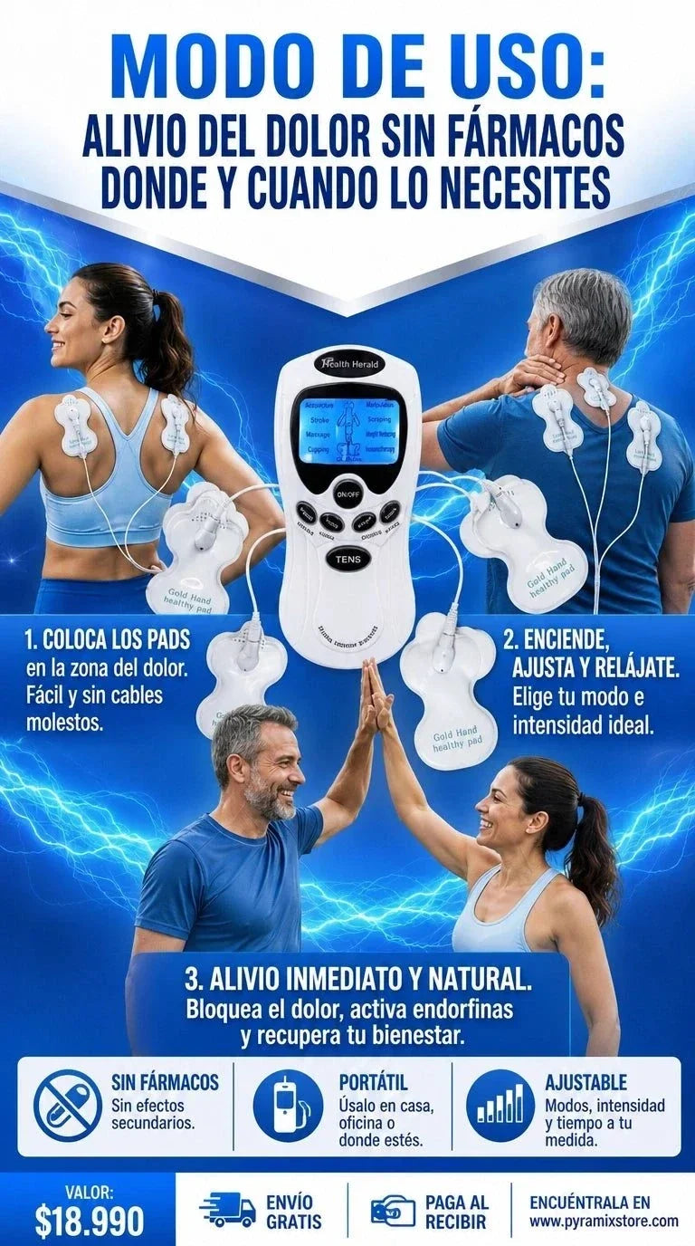 Máquina electroestimulador TENS plateada con pantalla digital y cuatro electrodos para alivio muscular